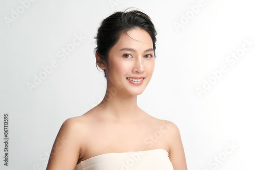 Beautiful young asian woman with clean fresh skin on white background, Face care, Facial treatment, Cosmetology, beauty and spa, Asian women portrait.