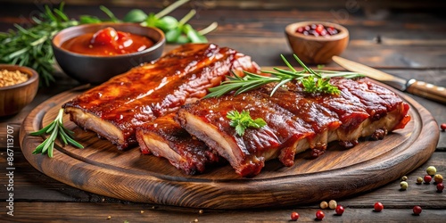 Delicious smoked pork spareribs glazed in BBQ sauce, American, style, ribs, pork, spareribs, smoked, glazed, BBQ sauce, top view photo