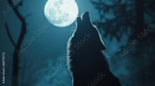 Silhouette of a wolf howling at the full moon in a nighttime forest, capturing the wild and mysterious atmosphere of nature. photo