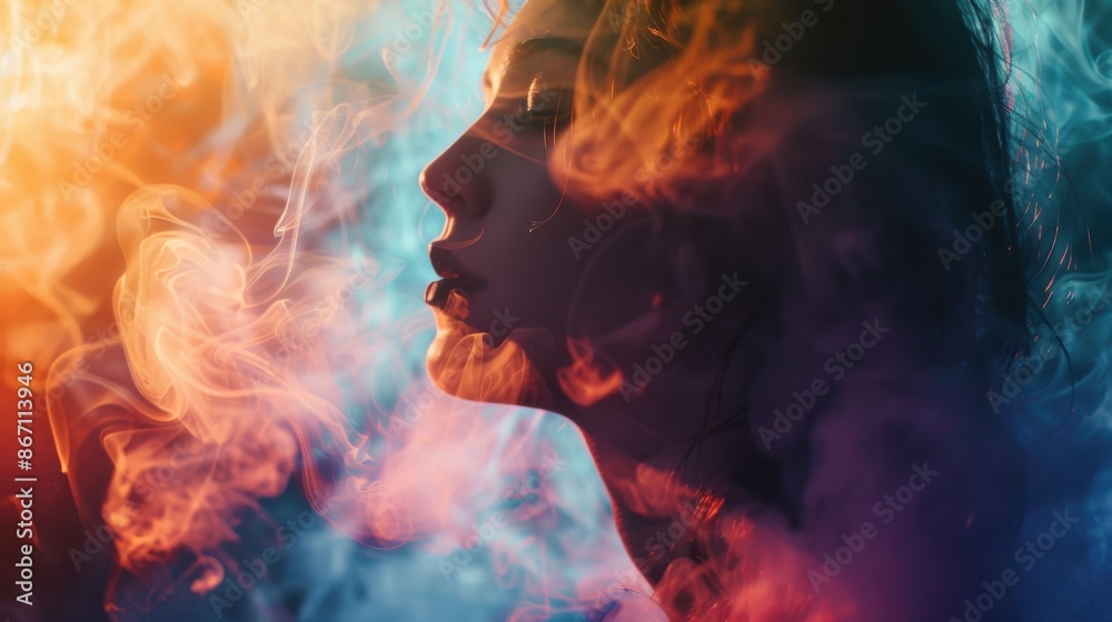 Silhouette of a woman surrounded by vibrant, colorful smoke, creating a dreamy and mysterious atmosphere. Silhouette of a woman surrounded by vibrant, colorful smoke, creating a dreamy and mysterious atmosphere.