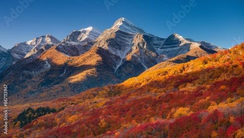 Breathtaking fall mountain view with colorful trees and clear skies in the background, showcasing the splendor of autumn