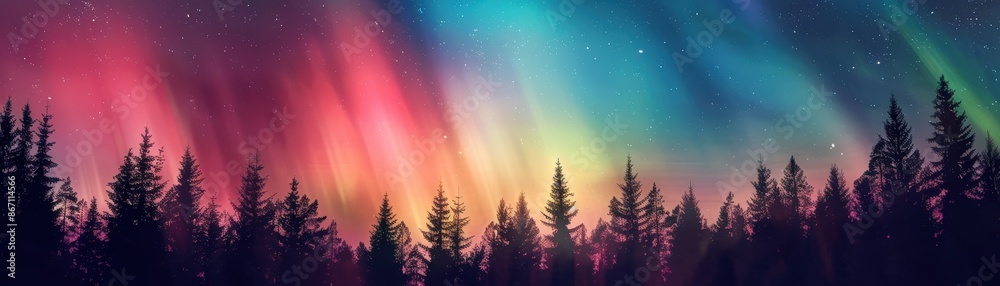 Aurora Borealis with forest, glowing lights, natural wonder, serene scene, focus on, copy space, vivid tones, Double exposure silhouette with tree silhouettes