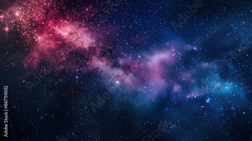 Stunning deep space galaxy with vibrant pink, purple, and blue hues, abundant stars, and dark interstellar clouds.