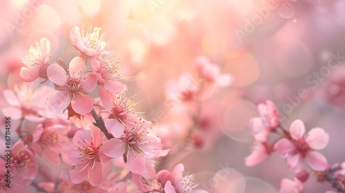 A dreamy pastel pink spring background with delicate cherry blossoms and soft sunlight filtering through the branches, creating an atmosphere of serenity and beauty.