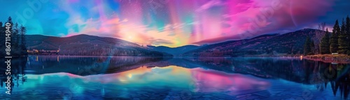 Aurora Borealis over lake, reflective water, colorful display, tranquil setting, close up, copy space, bright hues, Double exposure silhouette with mirrored lights © kitidach