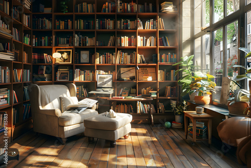 Cozy Bookstore with Plush Armchairs and Natural Light, featuring a Reading Nook with Coffee and Open Book Amidst Organized Shelves