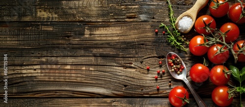 Concept of home cooking with ripe tomatoes, spoon, herbs, and spices on wooden background - top view with copy space.