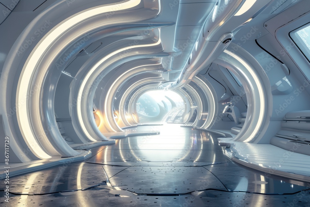 Obraz premium Futuristic spaceship interior hallway with bright light. Concept of science fiction, interstellar travel, and advanced technology.