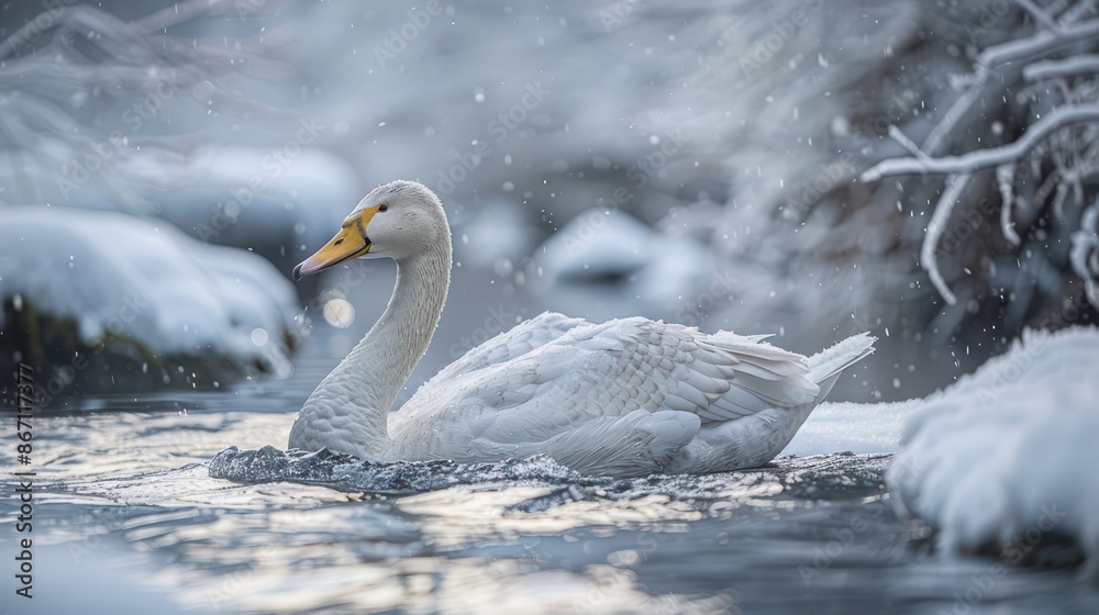 Fototapeta premium A swan swims in a serene winter landscape with falling snowflakes.
