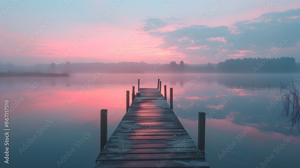 Obraz premium A serene lakeside dock at dawn, reflecting the soft pastel colors of the sky in the still water, capturing a peaceful moment of solitude.