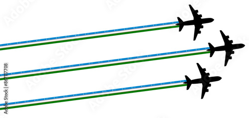 set Flying airplane with uzbekistan flag icon. airshow celebration day symbol Template Illustration Design