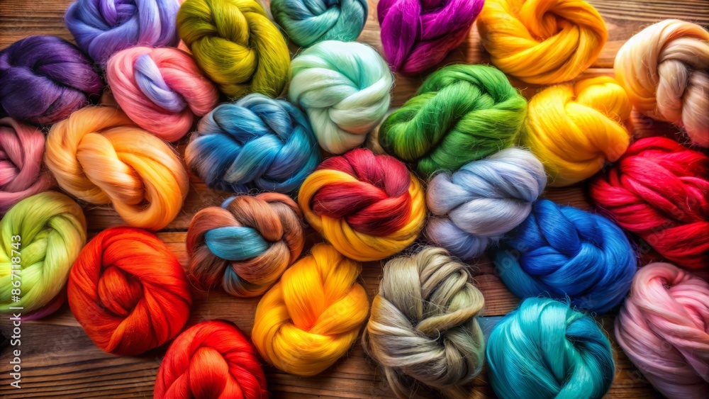 Vibrant colorful balls of merino wool fibers in various hues arranged artistically on wooden surface for handmade crafting inspiration. Vibrant colorful balls of merino wool fibers in various hues arranged artistically on wooden surface for handmade crafting inspiration.