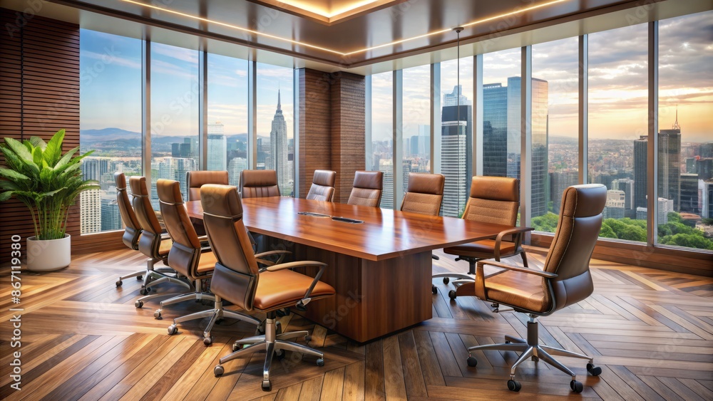 Fototapeta premium Modern corporate conference room with sleek wooden table surrounded by high-backed leather chairs and floor-to-ceiling windows.