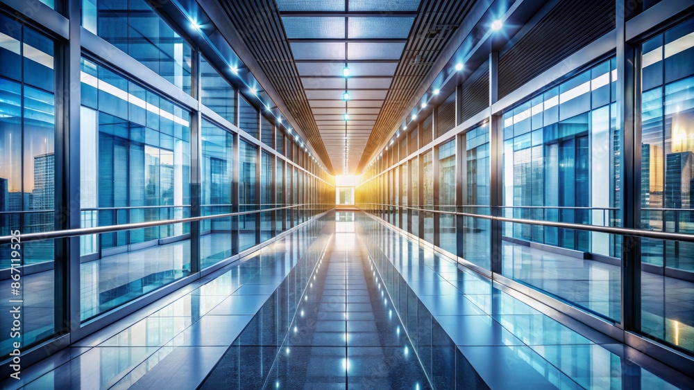 Modern architectural glass corridor with sleek lines and futuristic ambiance, conveying corporate advancement and prosperous business ventures. Modern architectural glass corridor with sleek lines and futuristic ambiance, conveying corporate advancement and prosperous business ventures.