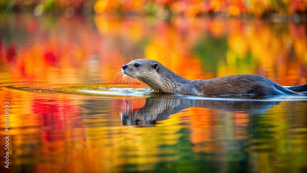 Sleek otter glides through serene lake waters surrounded by vibrant autumn leaves reflected perfectly in the calm misty atmosphere. Sleek otter glides through serene lake waters surrounded by vibrant autumn leaves reflected perfectly in the calm misty atmosphere.