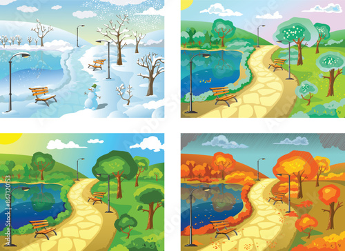 Four seasons in the park, winter, spring, summer, autumn. vector illustration in cartoon style