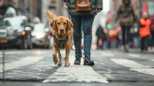 A service dog wearing a vest, helping its owner navigate a busy city street, showcasing the bond and assistance.