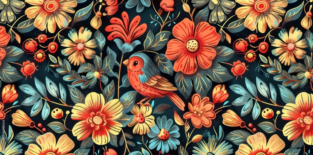 Colorful bird among vibrant flowers and leaves on dark background Colorful bird among vibrant flowers and leaves on dark background