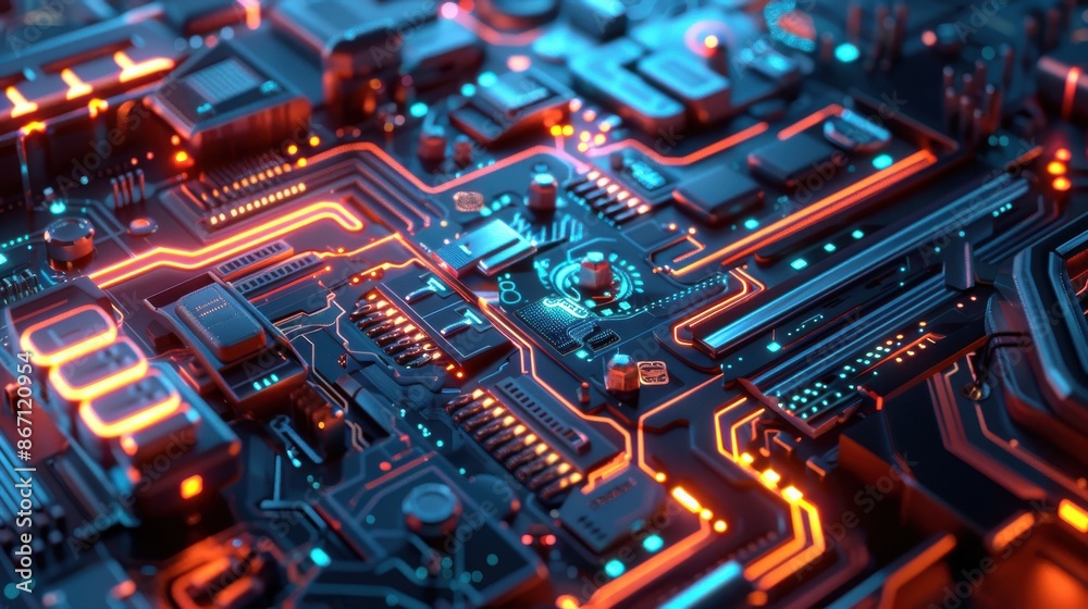 Obraz premium Glowing Circuit Board with intricate connections and components. Futuristic technology, AI, and computing concept.