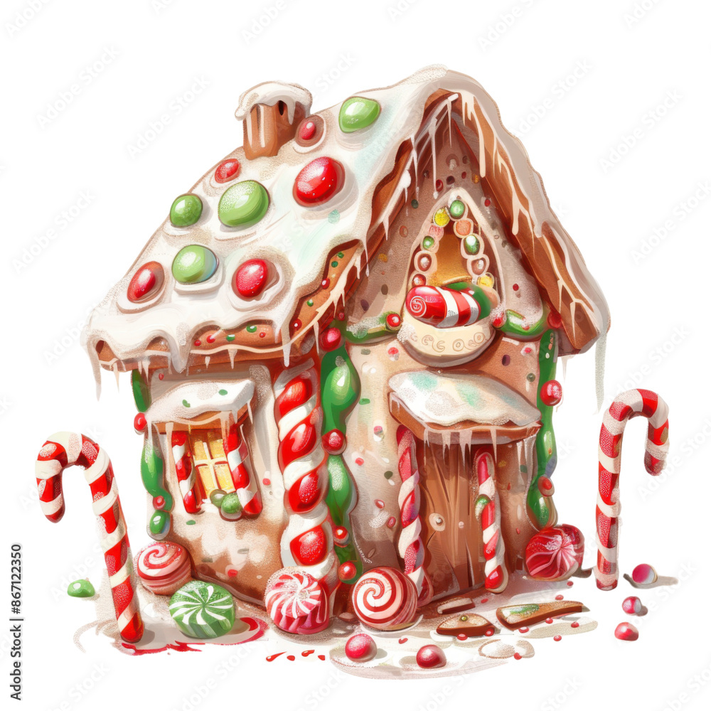 Gingerbread House with Christmas Decorations and Snow
Gingerbread House with Christmas Decorations and Snow