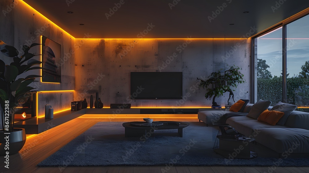 Modern living room with wall light strip lighting around the TV and couch, concrete walls, night time, LED strips on the ceiling, warm LED lights under furniture, modern interior design. Modern living room with wall light strip lighting around the TV and couch, concrete walls, night time, LED strips on the ceiling, warm LED lights under furniture, modern interior design.