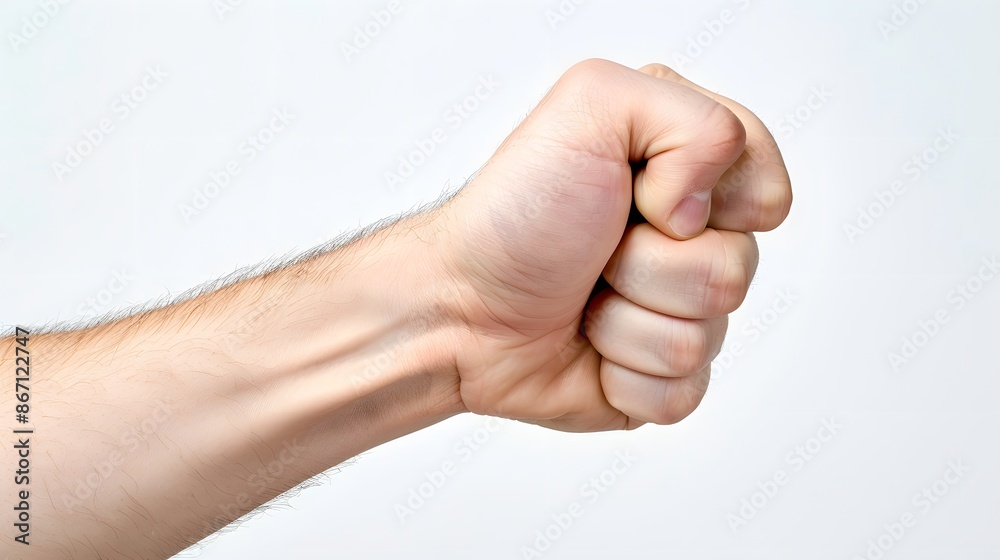 Photo of A man's fist raised in the air, symbolizing strength and determination on white background. Photo of A man's fist raised in the air, symbolizing strength and determination on white background.