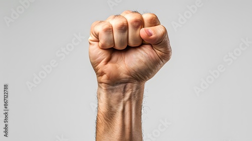 Photo of A man's fist raised in the air, symbolizing strength and determination on white background. © horizon