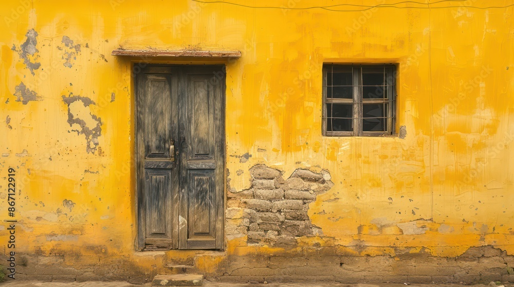Fototapeta premium Vintage yellow wall with weathered wooden door and window frame.
