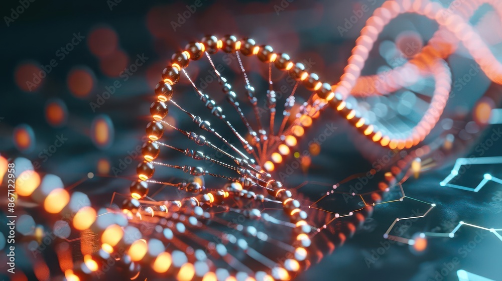 3D DNA model with illuminated details on a tech background, biotechnology, medical research 3D DNA model with illuminated details on a tech background, biotechnology, medical research