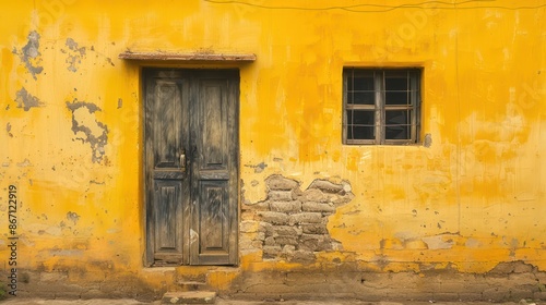 Vintage yellow wall with weathered wooden door and window frame.