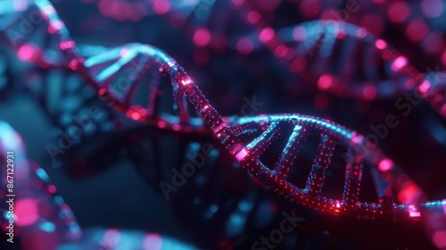 High-tech DNA visualization with glowing details, biotechnology, medical science