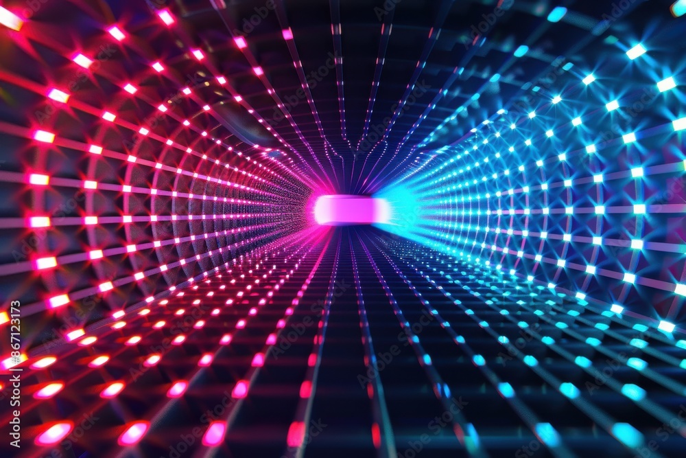 Futuristic glowing tunnel with neon lights. Concept of technology, cyberspace, future, speed and digital data. Futuristic glowing tunnel with neon lights. Concept of technology, cyberspace, future, speed and digital data.