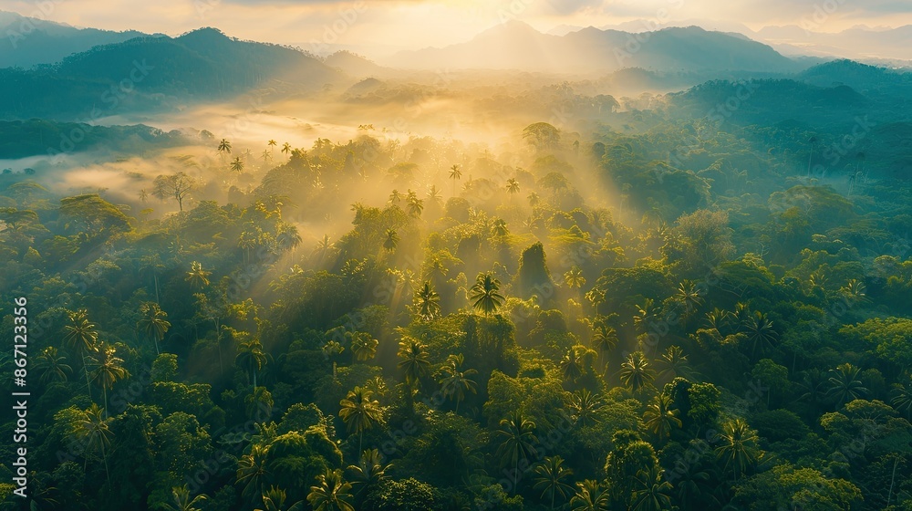 Aerial shot of a tropical mountain forest at dawn, with the morning sun casting a golden glow Aerial shot of a tropical mountain forest at dawn, with the morning sun casting a golden glow