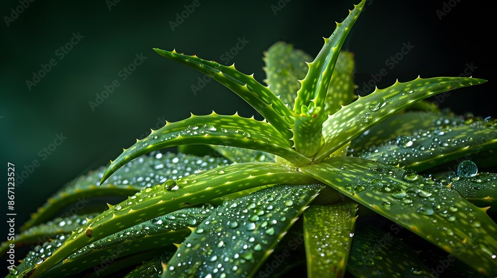 The Aloe vera plant has drops of water on its leaves against a green and black background. The combination of the natural beauty of plants and their healing properties is depicted. The Aloe vera plant has drops of water on its leaves against a green and black background. The combination of the natural beauty of plants and their healing properties is depicted.