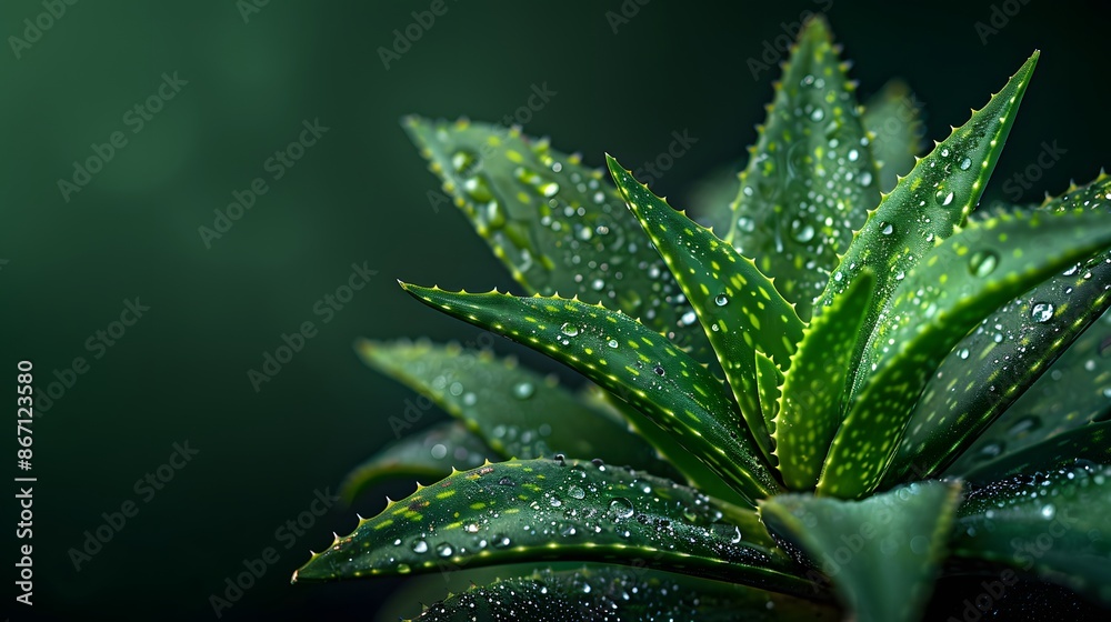 The Aloe vera plant has drops of water on its leaves against a green and black background. The combination of the natural beauty of plants and their healing properties is depicted. The Aloe vera plant has drops of water on its leaves against a green and black background. The combination of the natural beauty of plants and their healing properties is depicted.