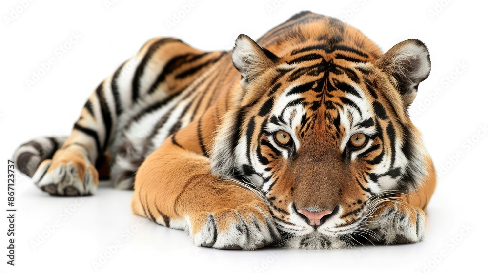 Close-up of a tiger lying down, isolated on white, highlighting its intense gaze and striped fur Close-up of a tiger lying down, isolated on white, highlighting its intense gaze and striped fur