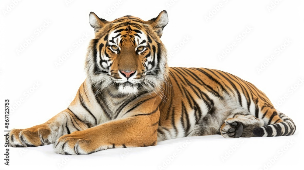 Obraz premium Close-up of a tiger lying down, isolated on white, highlighting its intense gaze and striped fur