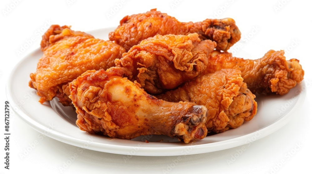 Close-up of crispy fried chicken pieces on a pristine white plate, isolated on a plain white background Close-up of crispy fried chicken pieces on a pristine white plate, isolated on a plain white background