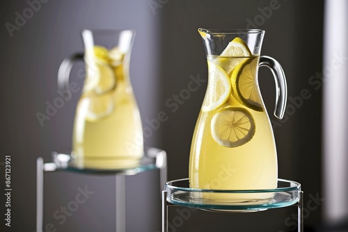 a sleek glass carafe filled with refreshing lemonade