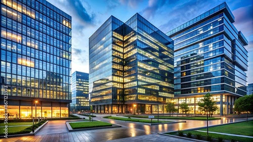 modern complex of office buildings in the evening