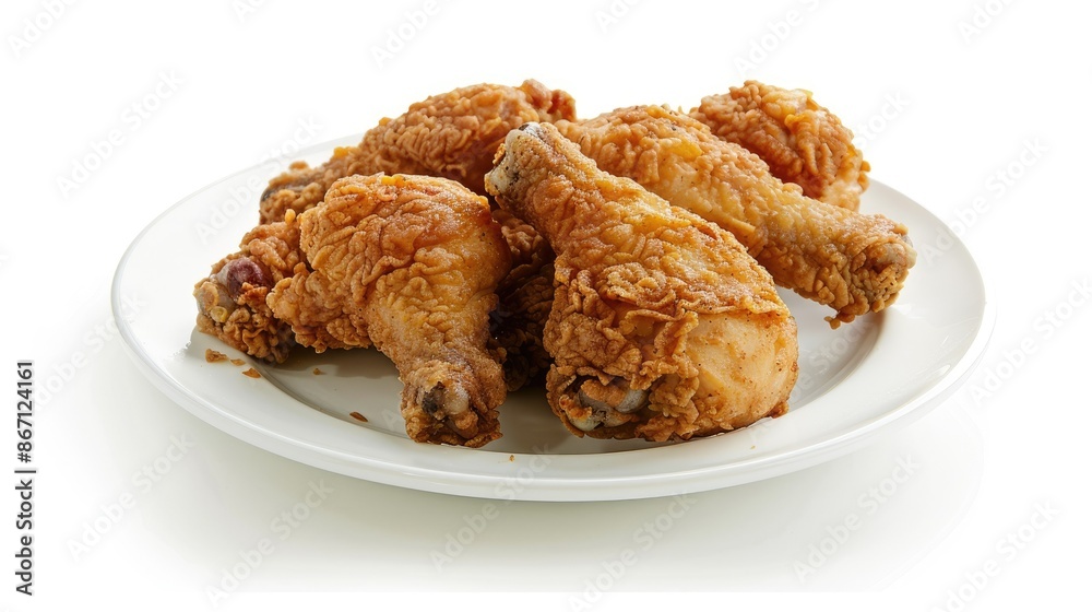 Crispy fried chicken pieces arranged neatly on a white plate, isolated for a mouthwatering food photography Crispy fried chicken pieces arranged neatly on a white plate, isolated for a mouthwatering food photography