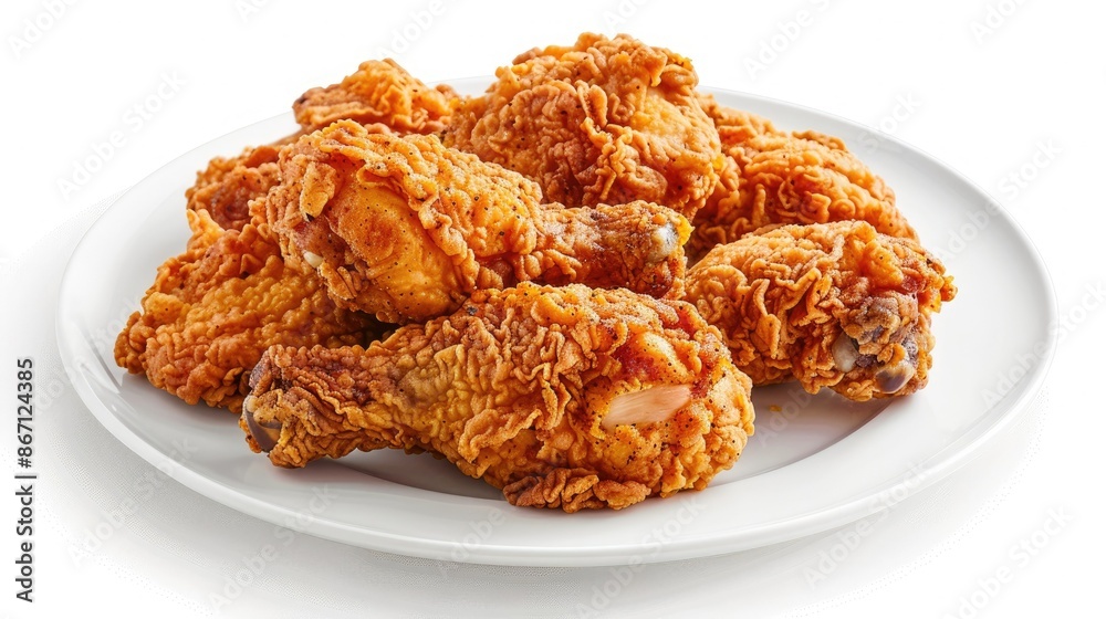 Fried chicken with golden crispy coating on a white plate, isolated against a neutral white background, appealing to food lovers Fried chicken with golden crispy coating on a white plate, isolated against a neutral white background, appealing to food lovers