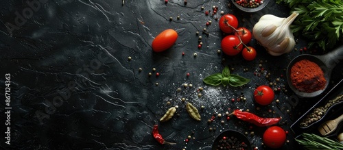 Cooking background with a black stone surface, featuring a variety of spices and vegetables, photographed from above with an empty space for text. © Lasvu
