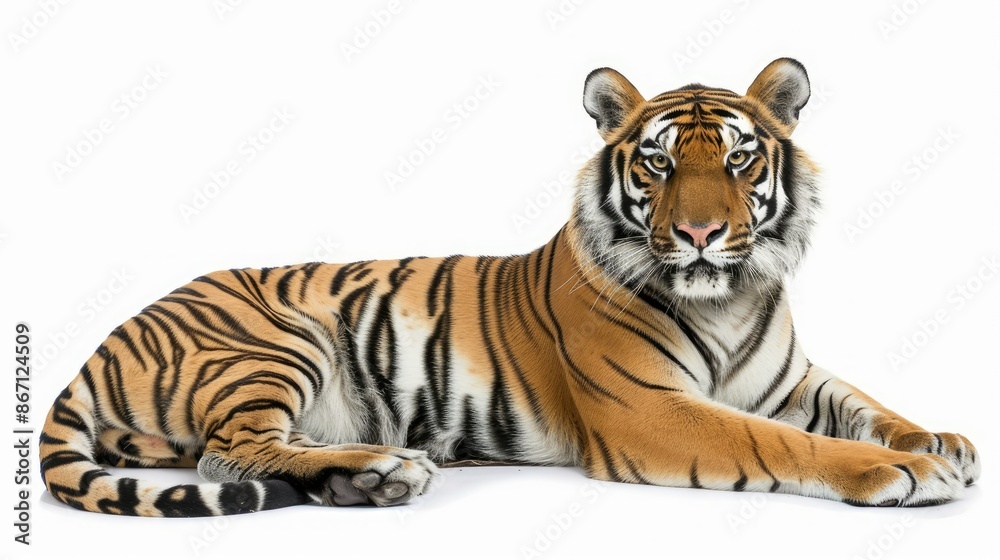 Obraz premium Full-body image of a relaxed tiger, isolated on white, highlighting its sleek fur and powerful legs
