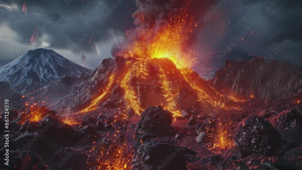 Lava flows down the sides of an erupting volcano, illuminating the dark sky.
Lava flows down the sides of an erupting volcano, illuminating the dark sky.