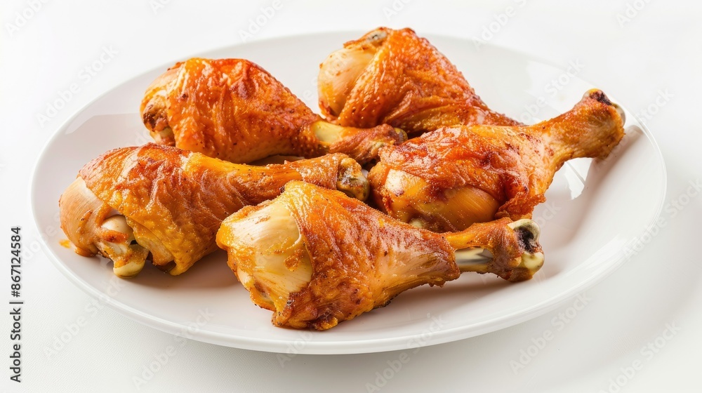 Golden brown fried chicken drumsticks arranged beautifully on a white plate, isolated for an appetizing food display