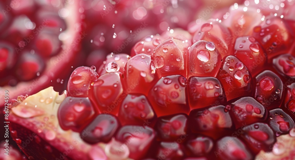 Close Up of Red Pomegranate Seeds and Skin With Water Droplets Close Up of Red Pomegranate Seeds and Skin With Water Droplets