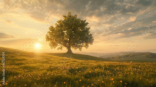 Wallpaper Mural Golden hour scene with a lone oak tree, its verdant crown glowing in the soft light of the setting sun Torontodigital.ca