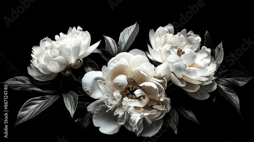 Fototapeta Naklejka Na Ścianę i Meble -  Elegant white peonies on a black background