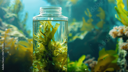 Seaweed Essence in Nautical Jar Amid Underwater Vegetation, Deep Ocean Scenery photo